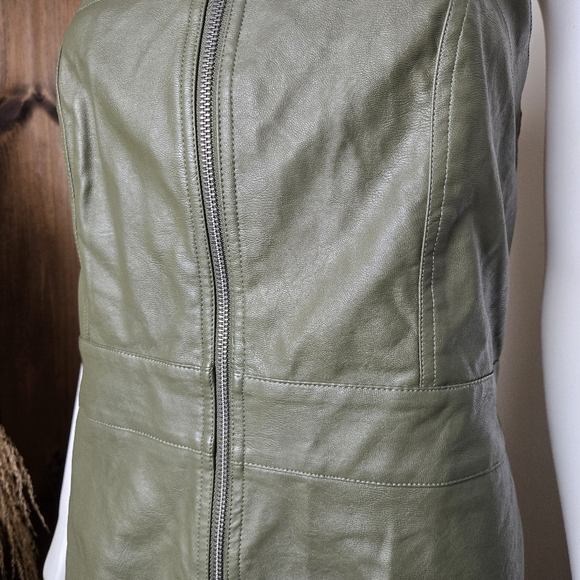 NWT Wild Fable Faux Leather Olive Green Zippered Mini Dress w/Pockets - Picture 9 of 15